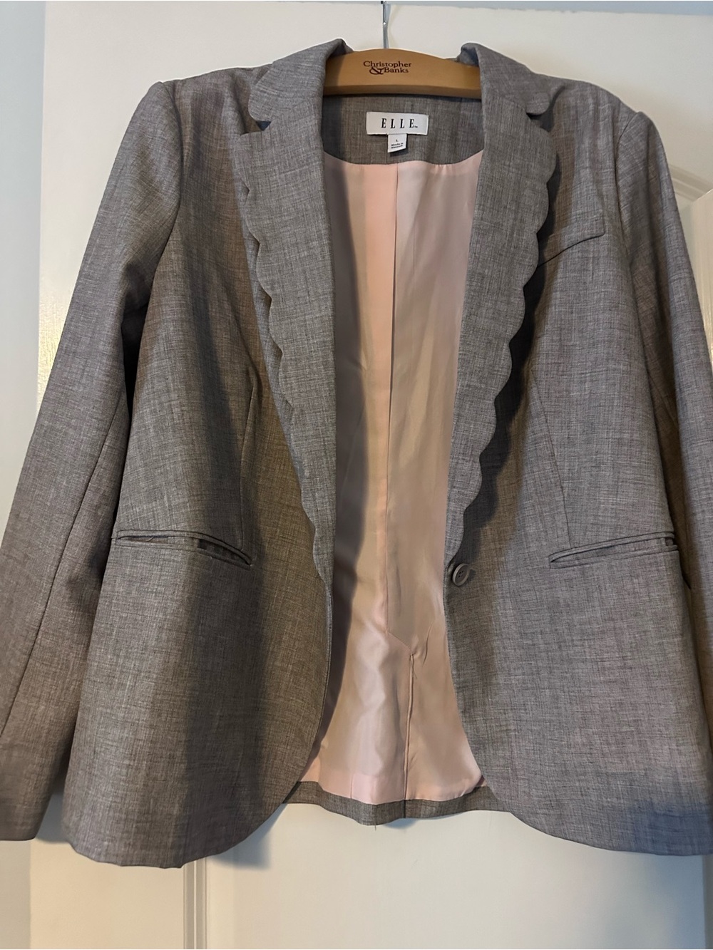 ELLE Gray Blazer with Pale Pink Lining and Scalloped Lapel